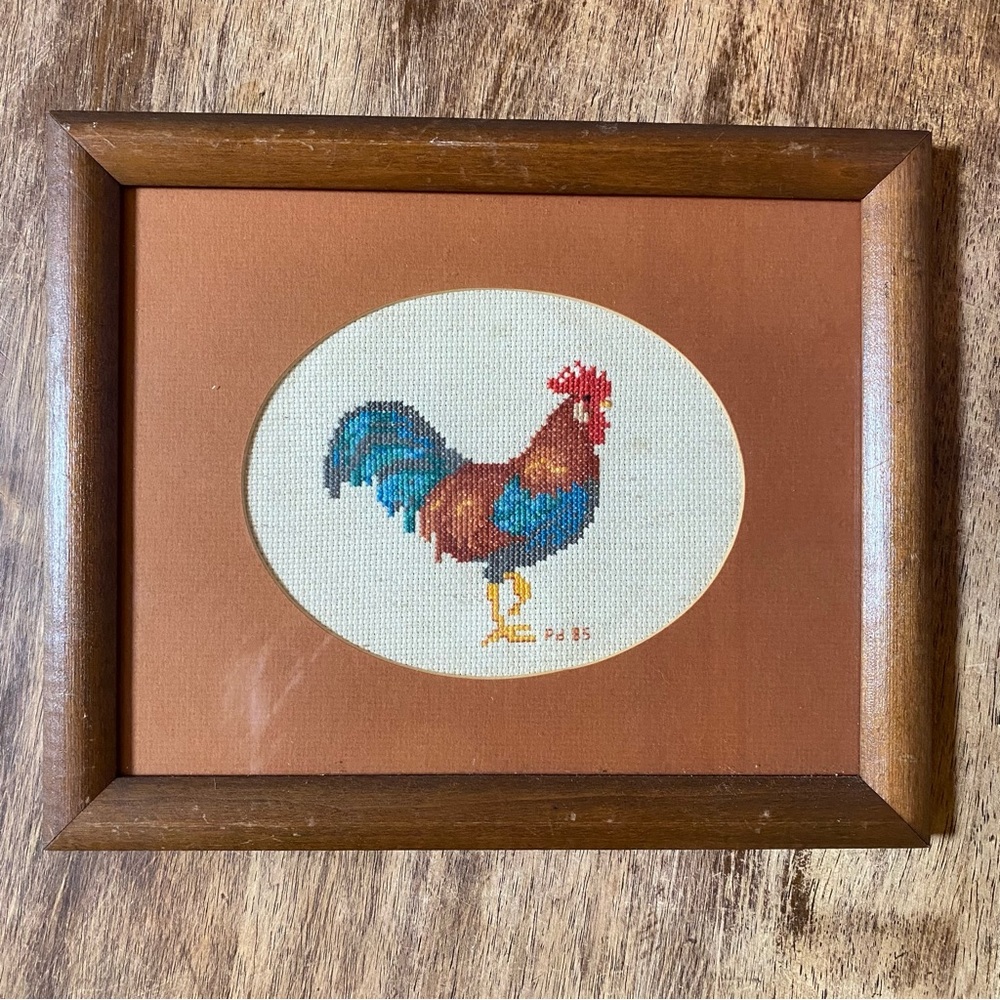 2 Vintage Handmade Cross Stitch Rooster & Chicken Wood Frame Cottagecore 11”x9” - Picture 2 of 10